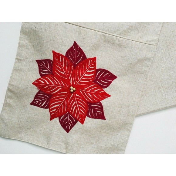 Metallic Gold Sparkly Red Holiday Christmas Poinsettia Table Runner Decor 71x14 - Picture 6 of 8